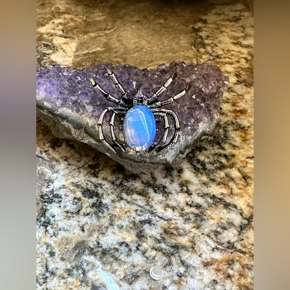 Silver Opalite Stone Spider Brooch